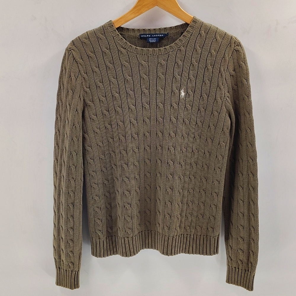 Ralph Lauren Olive Green Cable Knit Crewneck Sweater